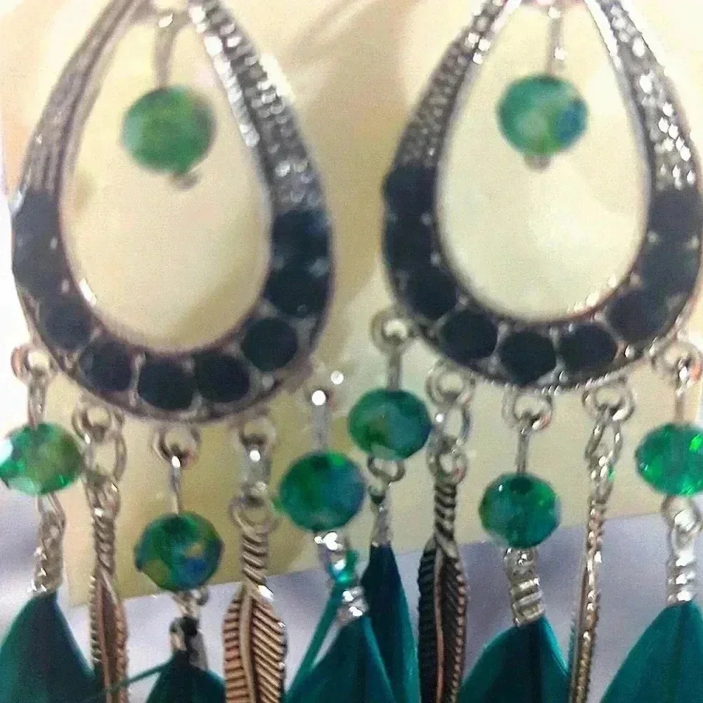 NWT Teal Feather Drop Earrings NIP